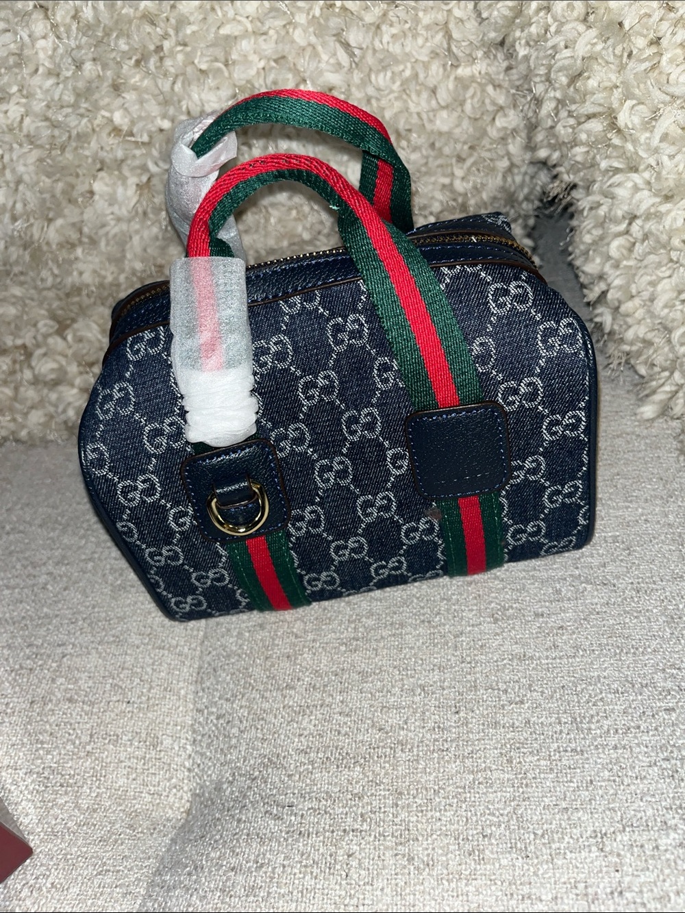 Tommy Hilfiger Navy Mini Monogram Satchel with Red and Green Straps